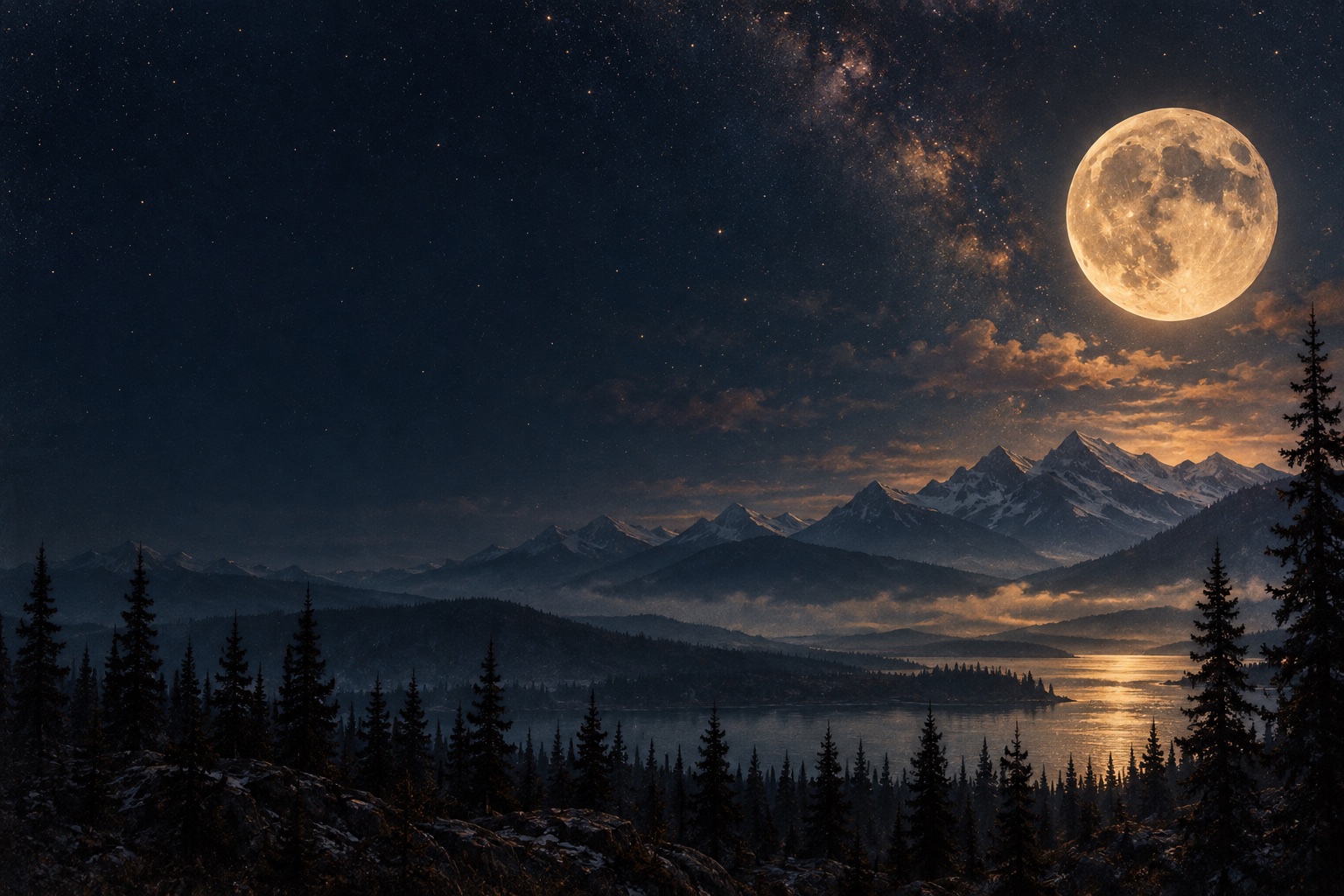 Illustration d’une Lune dorée au-dessus d’un paysage nocturne